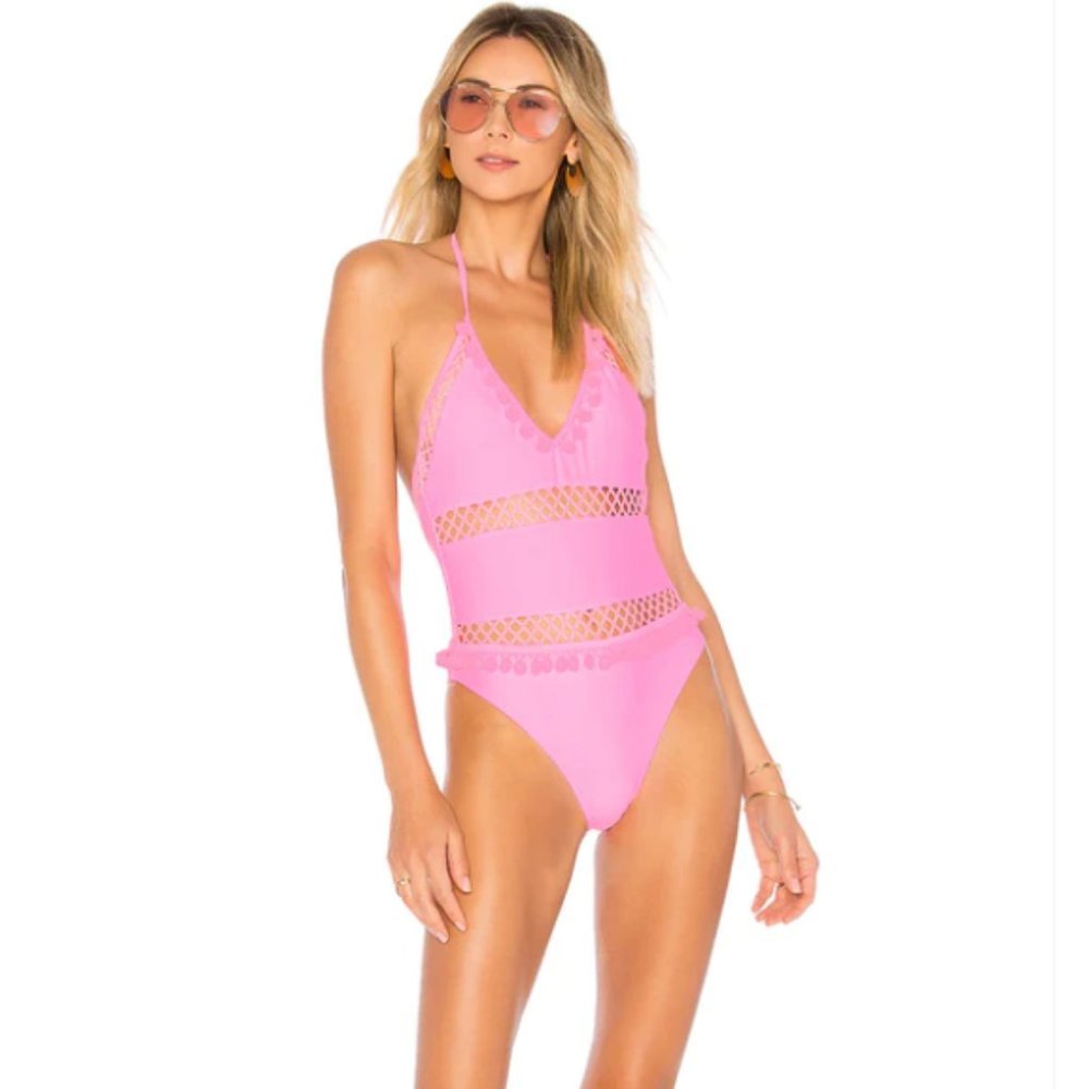 Tularosa Ember One Piece Swimsuit Medium Hot Pink Open Back Pom Pom Trim Halter